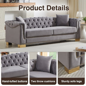 English Elm {Video] Chesterfield Velvet Sofa Tufted Three Seater with Gold Stud Arms for Living Rooms Grey W1926S00128