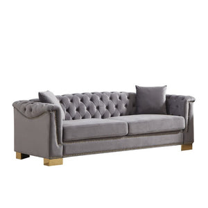 English Elm {Video] Chesterfield Velvet Sofa Tufted Three Seater with Gold Stud Arms for Living Rooms Grey W1926S00128