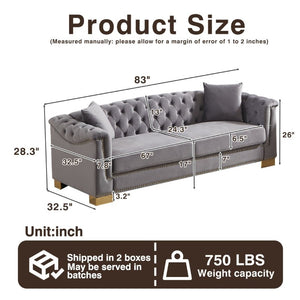 English Elm {Video] Chesterfield Velvet Sofa Tufted Three Seater with Gold Stud Arms for Living Rooms Grey W1926S00128