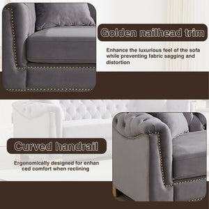 English Elm {Video] Chesterfield Velvet Sofa Tufted Three Seater with Gold Stud Arms for Living Rooms Grey W1926S00128