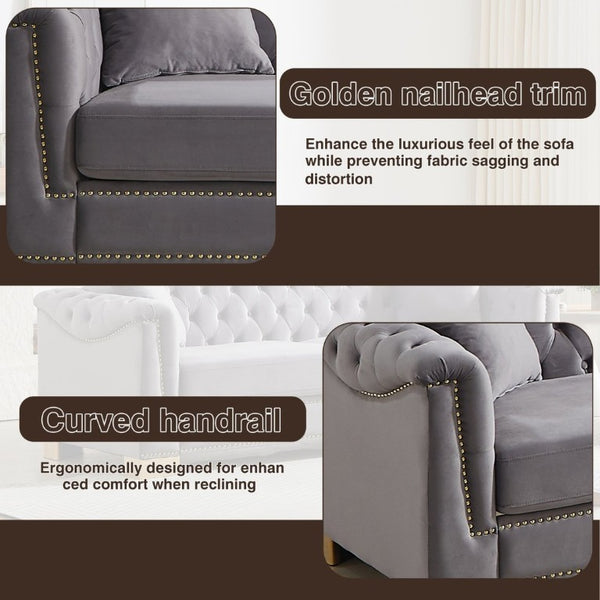 English Elm {Video] Chesterfield Velvet Sofa Tufted Three Seater with Gold Stud Arms for Living Rooms Grey W1926S00128