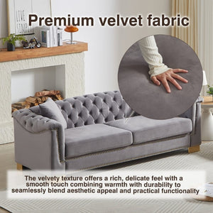 English Elm {Video] Chesterfield Velvet Sofa Tufted Three Seater with Gold Stud Arms for Living Rooms Grey W1926S00128