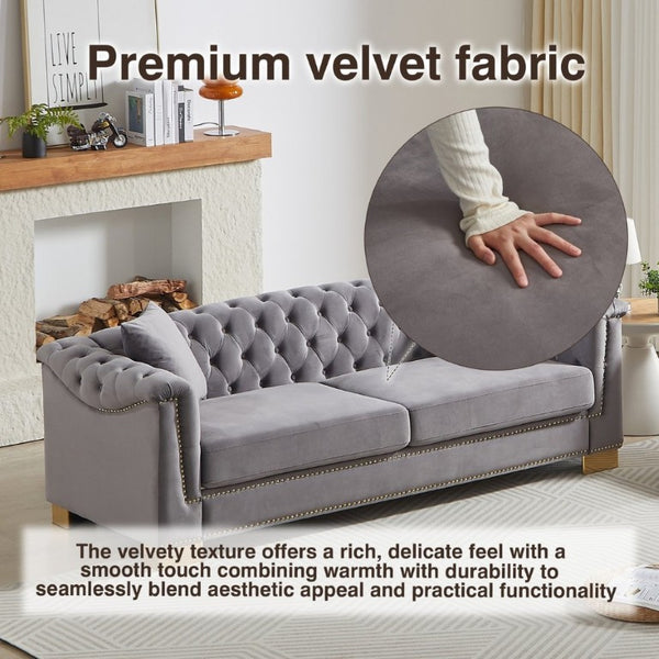 English Elm {Video] Chesterfield Velvet Sofa Tufted Three Seater with Gold Stud Arms for Living Rooms Grey W1926S00128