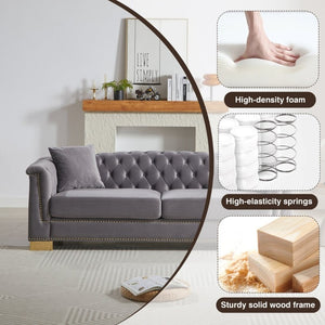 English Elm {Video] Chesterfield Velvet Sofa Tufted Three Seater with Gold Stud Arms for Living Rooms Grey W1926S00128