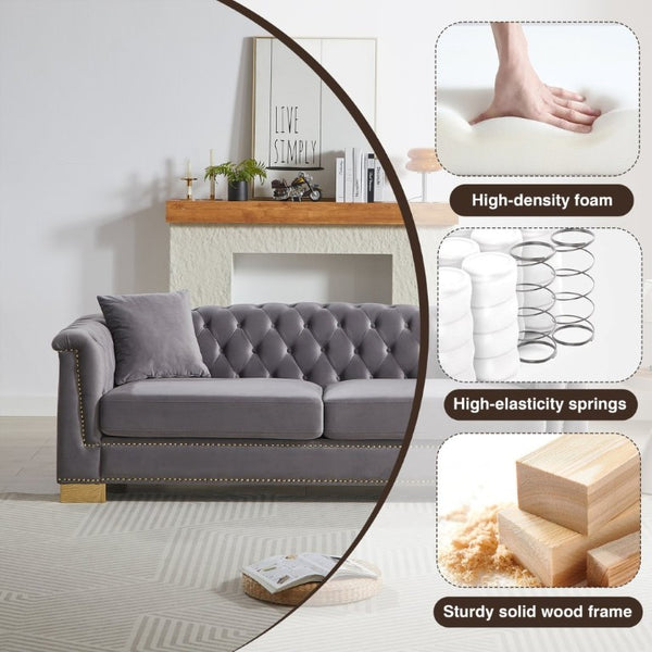 English Elm {Video] Chesterfield Velvet Sofa Tufted Three Seater with Gold Stud Arms for Living Rooms Grey W1926S00128