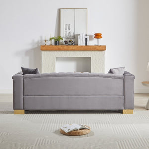 English Elm {Video] Chesterfield Velvet Sofa Tufted Three Seater with Gold Stud Arms for Living Rooms Grey W1926S00128