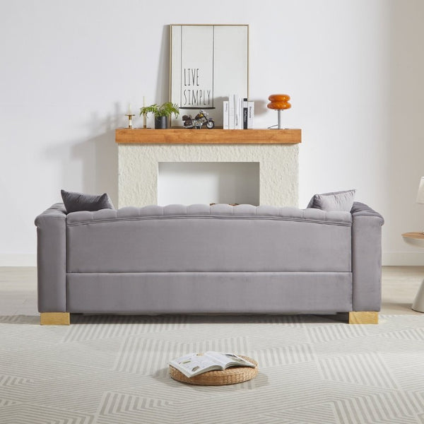 English Elm {Video] Chesterfield Velvet Sofa Tufted Three Seater with Gold Stud Arms for Living Rooms Grey W1926S00128