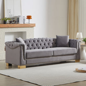English Elm {Video] Chesterfield Velvet Sofa Tufted Three Seater with Gold Stud Arms for Living Rooms Grey W1926S00128