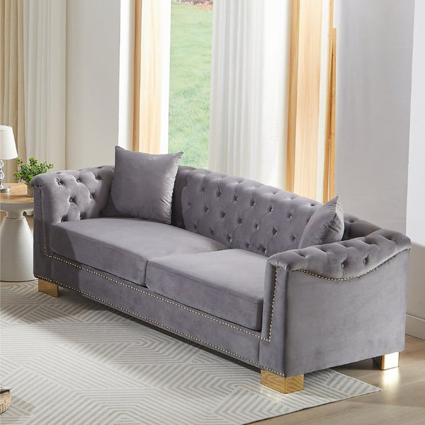 English Elm {Video] Chesterfield Velvet Sofa Tufted Three Seater with Gold Stud Arms for Living Rooms Grey W1926S00128