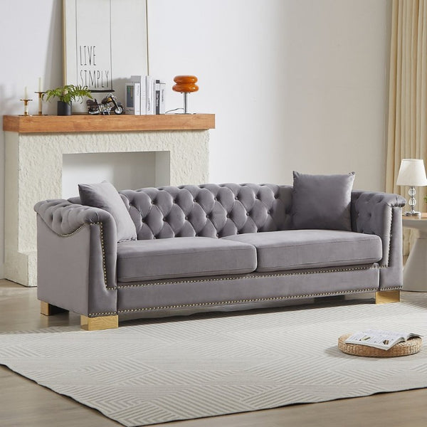 English Elm {Video] Chesterfield Velvet Sofa Tufted Three Seater with Gold Stud Arms for Living Rooms Grey W1926S00128