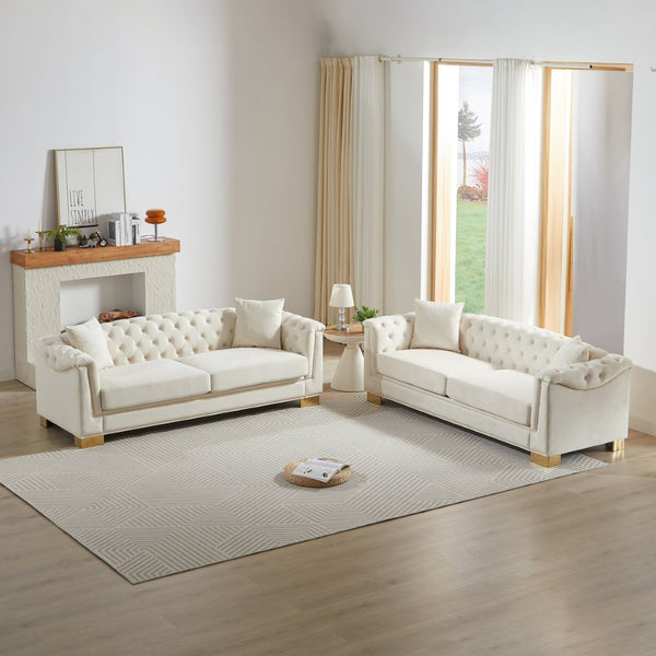 English Elm 3-seater Modular Chesterfield Velvet Sofa Tufted Rolled Arms Gold Studs Living Room Beige W1926S00129