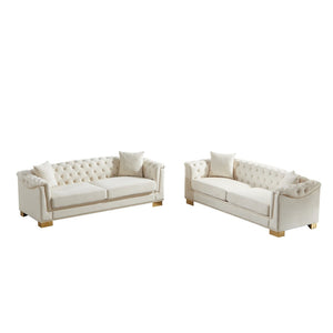 English Elm 3-seater Modular Chesterfield Velvet Sofa Tufted Rolled Arms Gold Studs Living Room Beige W1926S00129