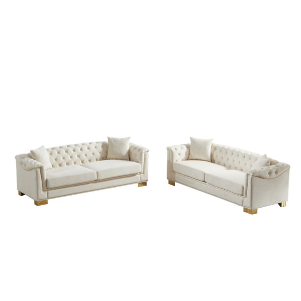 English Elm 3-seater Modular Chesterfield Velvet Sofa Tufted Rolled Arms Gold Studs Living Room Beige W1926S00129