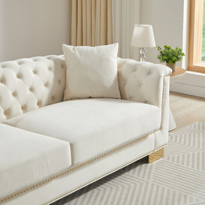 English Elm 3-seater Modular Chesterfield Velvet Sofa Tufted Rolled Arms Gold Studs Living Room Beige W1926S00129