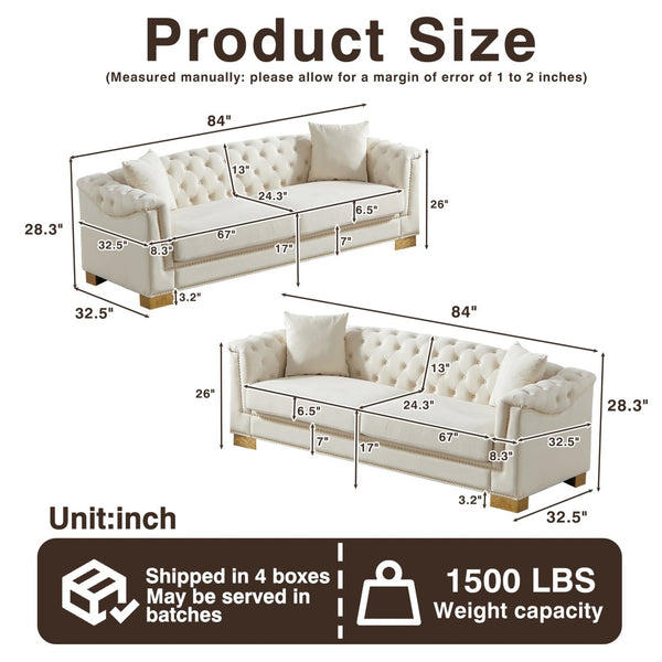 English Elm 3-seater Modular Chesterfield Velvet Sofa Tufted Rolled Arms Gold Studs Living Room Beige W1926S00129