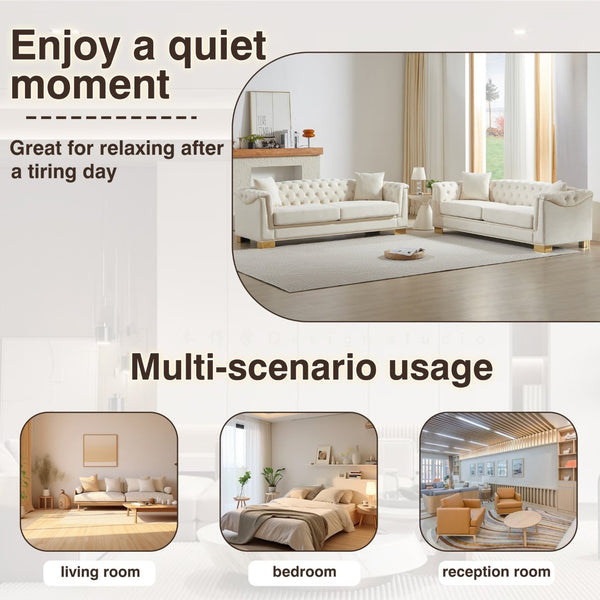 English Elm 3-seater Modular Chesterfield Velvet Sofa Tufted Rolled Arms Gold Studs Living Room Beige W1926S00129