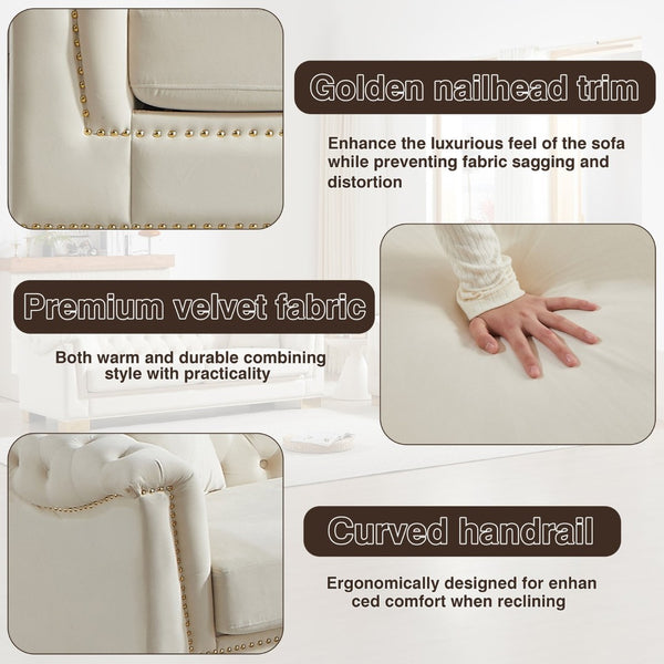 English Elm 3-seater Modular Chesterfield Velvet Sofa Tufted Rolled Arms Gold Studs Living Room Beige W1926S00129