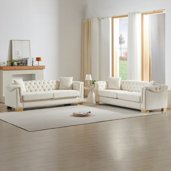 English Elm 3-seater Modular Chesterfield Velvet Sofa Tufted Rolled Arms Gold Studs Living Room Beige W1926S00129