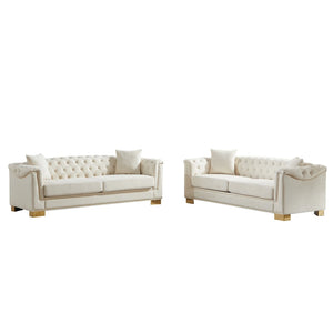 English Elm 3-seater Modular Chesterfield Velvet Sofa Tufted Rolled Arms Gold Studs Living Room Beige W1926S00129