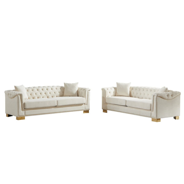 English Elm 3-seater Modular Chesterfield Velvet Sofa Tufted Rolled Arms Gold Studs Living Room Beige W1926S00129