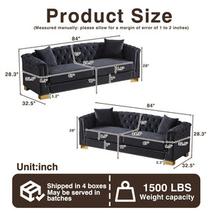 English Elm 3-seater Modular Chesterfield Velvet Sofa Tufted Rolled Arms Gold Studs Living Room Black+Blue W1926S00130