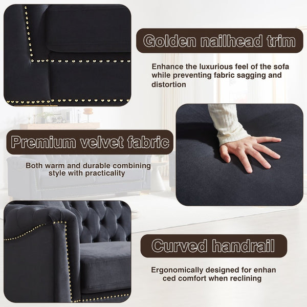 English Elm 3-seater Modular Chesterfield Velvet Sofa Tufted Rolled Arms Gold Studs Living Room Black+Blue W1926S00130