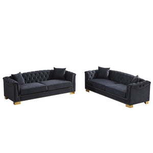English Elm 3-seater Modular Chesterfield Velvet Sofa Tufted Rolled Arms Gold Studs Living Room Black+Blue W1926S00130