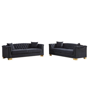 English Elm 3-seater Modular Chesterfield Velvet Sofa Tufted Rolled Arms Gold Studs Living Room Black+Blue W1926S00130