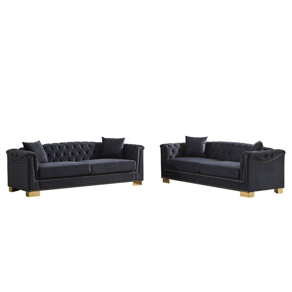 English Elm 3-seater Modular Chesterfield Velvet Sofa Tufted Rolled Arms Gold Studs Living Room Black+Blue W1926S00130