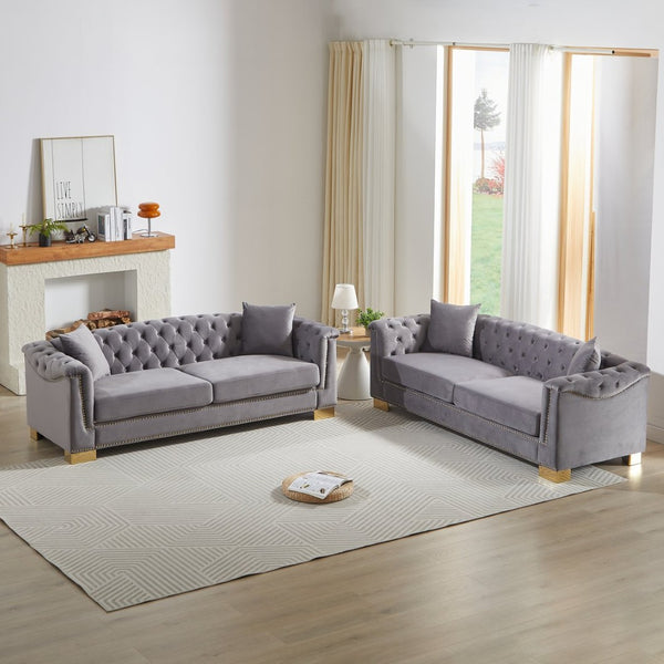 English Elm 3-seater Modular Chesterfield Velvet Sofa Tufted Rolled Arms Gold Studs Living Room Grey W1926S00131
