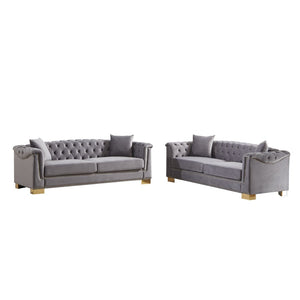 English Elm 3-seater Modular Chesterfield Velvet Sofa Tufted Rolled Arms Gold Studs Living Room Grey W1926S00131