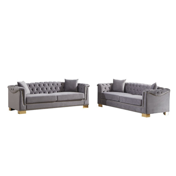English Elm 3-seater Modular Chesterfield Velvet Sofa Tufted Rolled Arms Gold Studs Living Room Grey W1926S00131