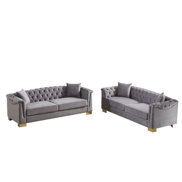 English Elm 3-seater Modular Chesterfield Velvet Sofa Tufted Rolled Arms Gold Studs Living Room Grey W1926S00131