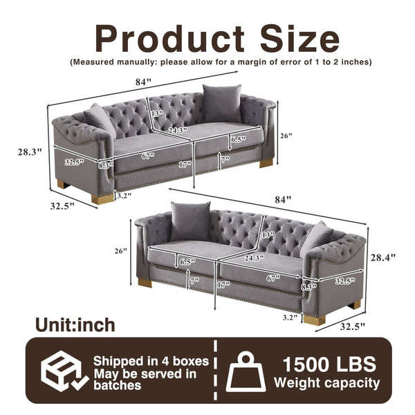 English Elm 3-seater Modular Chesterfield Velvet Sofa Tufted Rolled Arms Gold Studs Living Room Grey W1926S00131