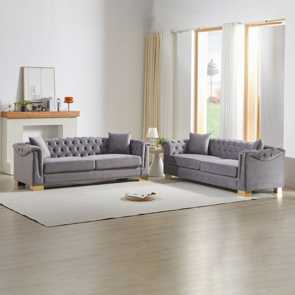 English Elm 3-seater Modular Chesterfield Velvet Sofa Tufted Rolled Arms Gold Studs Living Room Grey W1926S00131