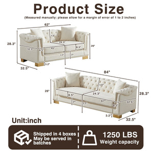 English Elm 3-seater Chesterfield Velvet Sofa Set Button Tufted Rolled Arms Gold Studs Living Room Beige W1926S00132