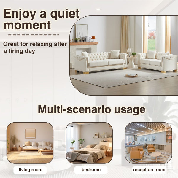English Elm 3-seater Chesterfield Velvet Sofa Set Button Tufted Rolled Arms Gold Studs Living Room Beige W1926S00132