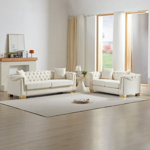English Elm 3-seater Chesterfield Velvet Sofa Set Button Tufted Rolled Arms Gold Studs Living Room Beige W1926S00132