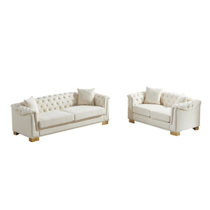 English Elm 3-seater Chesterfield Velvet Sofa Set Button Tufted Rolled Arms Gold Studs Living Room Beige W1926S00132