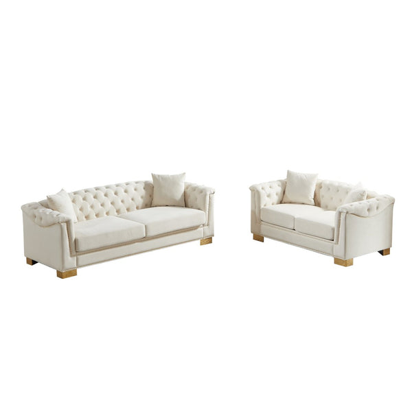 English Elm 3-seater Chesterfield Velvet Sofa Set Button Tufted Rolled Arms Gold Studs Living Room Beige W1926S00132