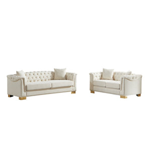 English Elm 3-seater Chesterfield Velvet Sofa Set Button Tufted Rolled Arms Gold Studs Living Room Beige W1926S00132