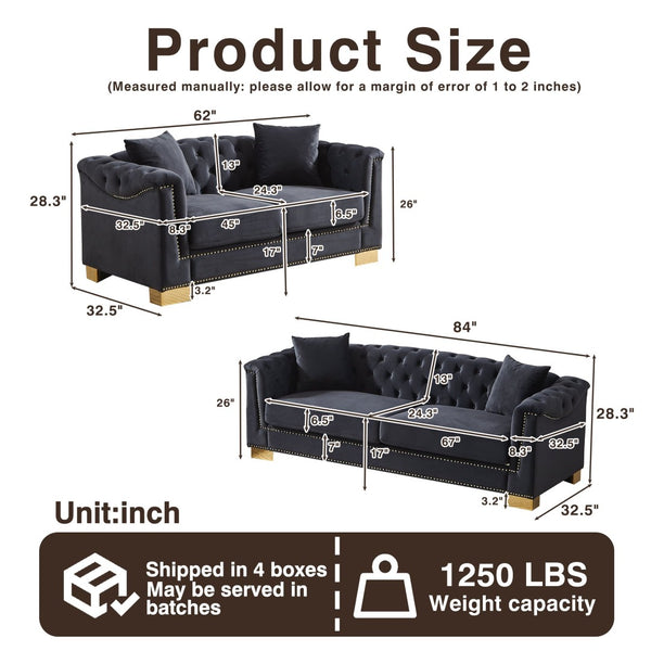 English Elm 3-seater Chesterfield Velvet Sofa Set Button Tufted Rolled Arms Gold Studs Living Room Black+Blue W1926S00133