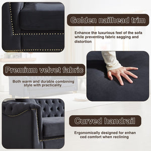 English Elm 3-seater Chesterfield Velvet Sofa Set Button Tufted Rolled Arms Gold Studs Living Room Black+Blue W1926S00133
