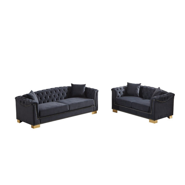 English Elm 3-seater Chesterfield Velvet Sofa Set Button Tufted Rolled Arms Gold Studs Living Room Black+Blue W1926S00133