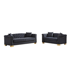 English Elm 3-seater Chesterfield Velvet Sofa Set Button Tufted Rolled Arms Gold Studs Living Room Black+Blue W1926S00133