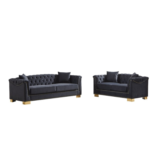 English Elm 3-seater Chesterfield Velvet Sofa Set Button Tufted Rolled Arms Gold Studs Living Room Black+Blue W1926S00133