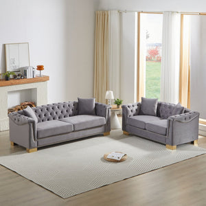 English Elm 3-seater Chesterfield Velvet Sofa Set Button Tufted Rolled Arms Gold Studs Living Room Grey W1926S00134