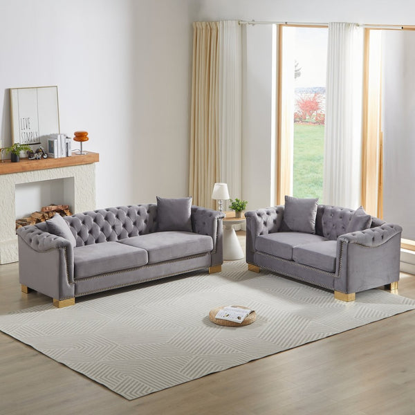 English Elm 3-seater Chesterfield Velvet Sofa Set Button Tufted Rolled Arms Gold Studs Living Room Grey W1926S00134
