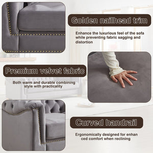 English Elm 3-seater Chesterfield Velvet Sofa Set Button Tufted Rolled Arms Gold Studs Living Room Grey W1926S00134