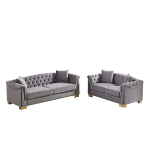 English Elm 3-seater Chesterfield Velvet Sofa Set Button Tufted Rolled Arms Gold Studs Living Room Grey W1926S00134